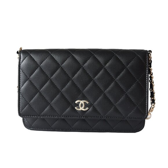 Chanel Lambskin Quilted Pearl Wallet On Chain WOC Black - Picture 1 of 7